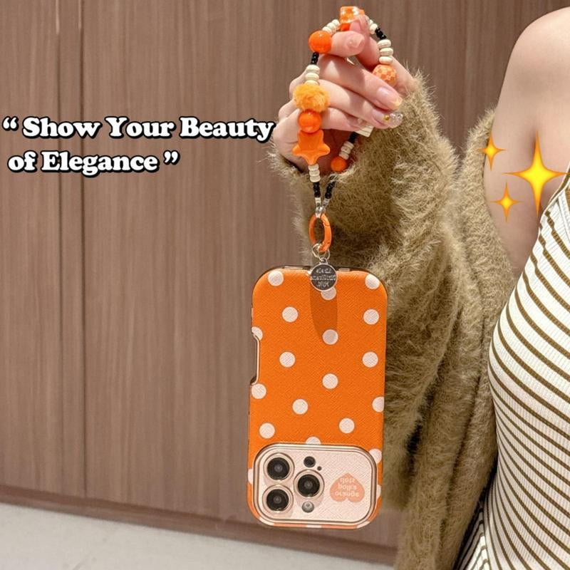 Orange Leopard Print & Orange Bottom White Polka Dot Case for IP 17Promax IP 16Promax/15/14 Shockproof Casing with Extra Large Window & Bracelet Protector Protective Smartphone Cover