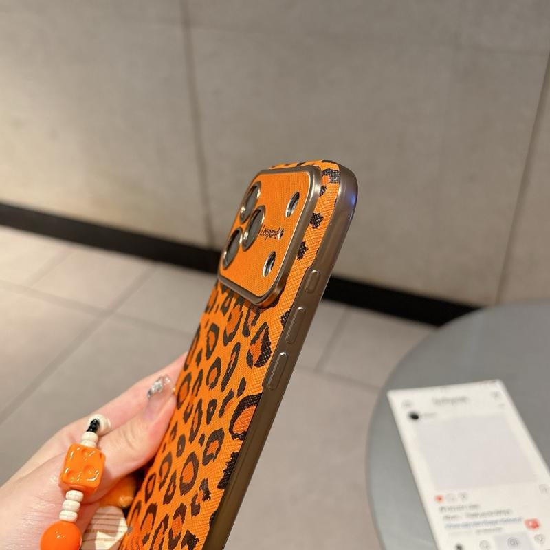 Orange Leopard Print & Orange Bottom White Polka Dot Case for IP 17Promax IP 16Promax/15/14 Shockproof Casing with Extra Large Window & Bracelet Protector Protective Smartphone Cover