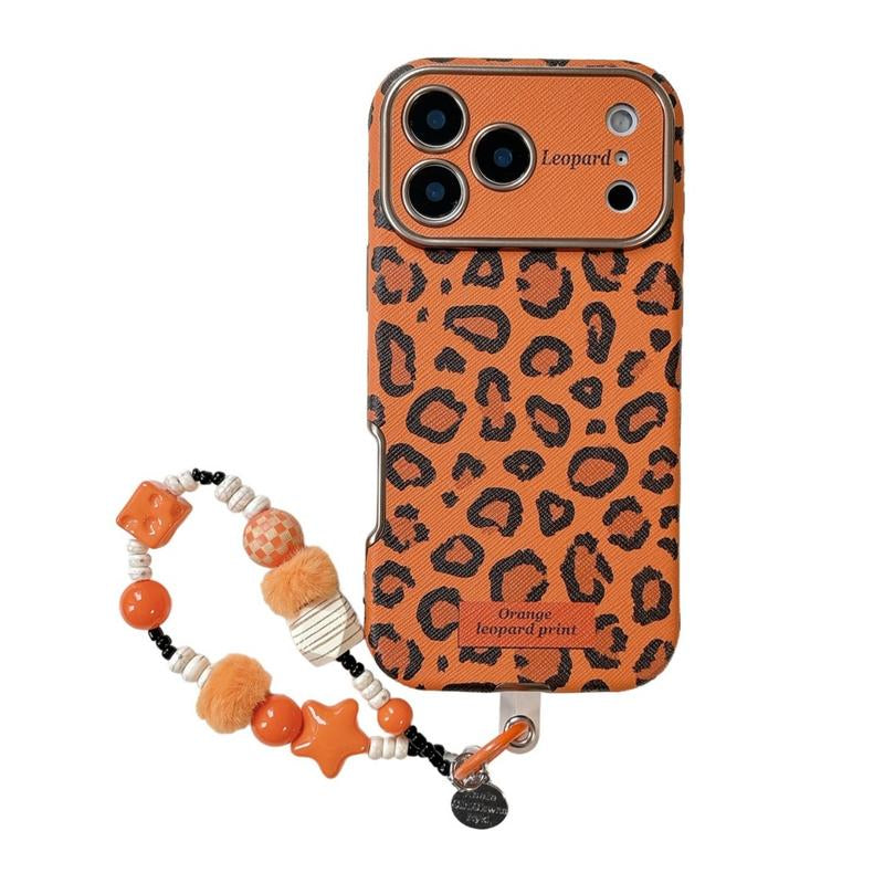 Orange Leopard Print & Orange Bottom White Polka Dot Case for IP 17Promax IP 16Promax/15/14 Shockproof Casing with Extra Large Window & Bracelet Protector Protective Smartphone Cover