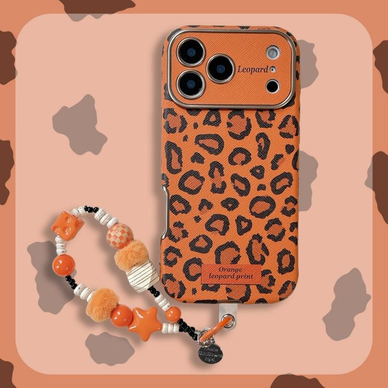 Orange Leopard Print & Orange Bottom White Polka Dot Case for IP 17Promax IP 16Promax/15/14 Shockproof Casing with Extra Large Window & Bracelet Protector Protective Smartphone Cover