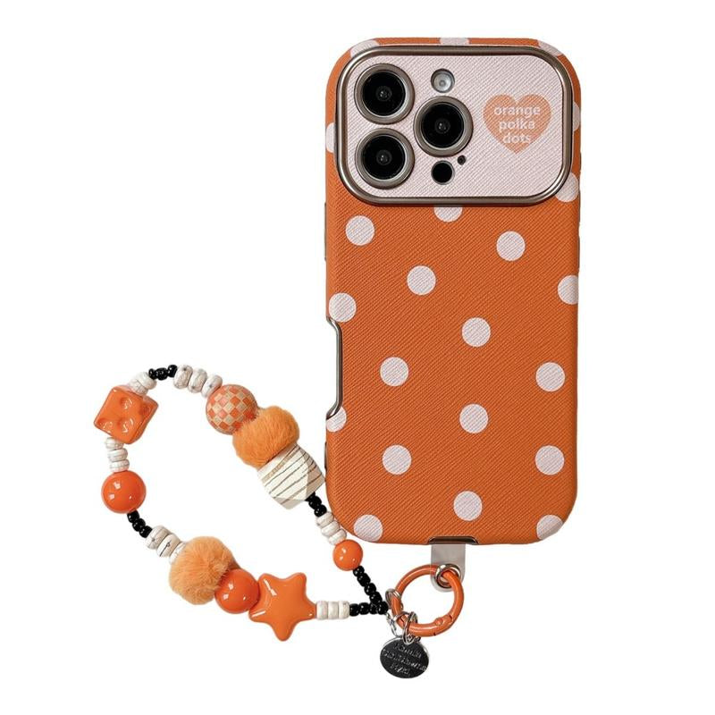 Orange Leopard Print & Orange Bottom White Polka Dot Case for IP 17Promax IP 16Promax/15/14 Shockproof Casing with Extra Large Window & Bracelet Protector Protective Smartphone Cover