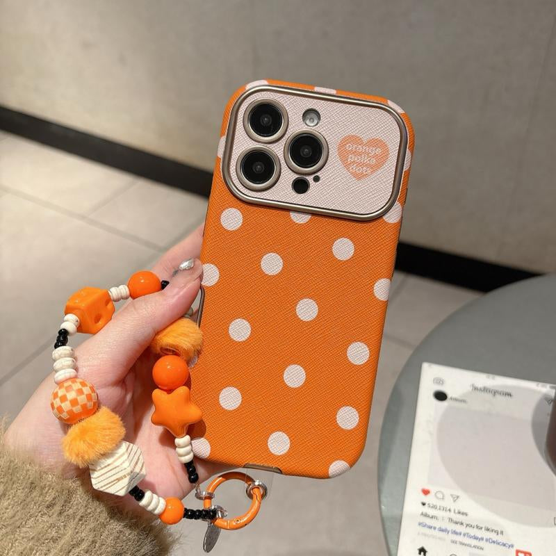 Orange Leopard Print & Orange Bottom White Polka Dot Case for IP 17Promax IP 16Promax/15/14 Shockproof Casing with Extra Large Window & Bracelet Protector Protective Smartphone Cover