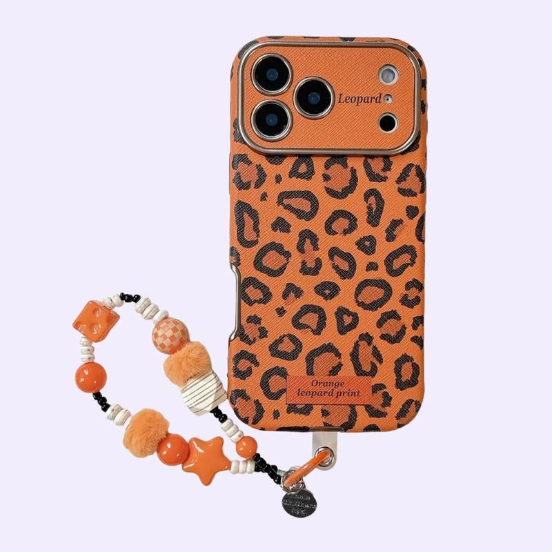 Orange Leopard Print & Orange Bottom White Polka Dot Case for IP 17Promax IP 16Promax/15/14 Shockproof Casing with Extra Large Window & Bracelet Protector Protective Smartphone Cover