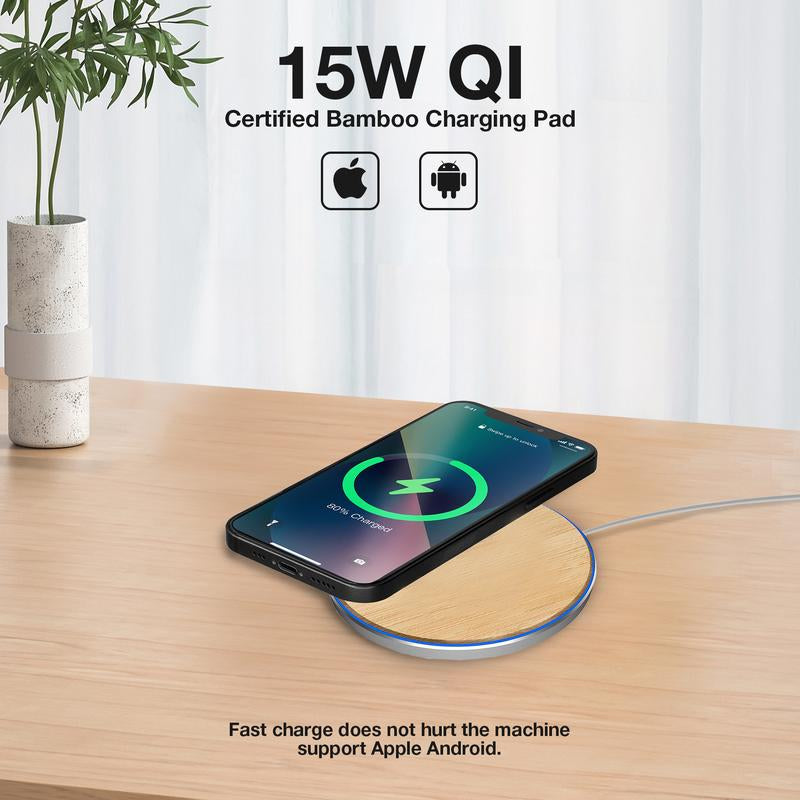 Bamboo Elegance Wireless Charger 15W QI Certified Charging Pad for Ultimate Convenience for Phone Earbuds Cordless Chargers for Iphone 8, Iphone 8 Plus, Iphone X Ect Smartphone Cellphone