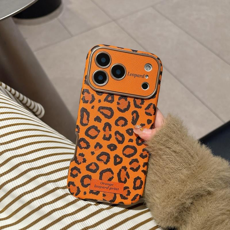 Orange Leopard Print & Orange Bottom White Polka Dot Case for IP 17Promax IP 16Promax/15/14 Shockproof Casing with Extra Large Window & Bracelet Protector Protective Smartphone Cover