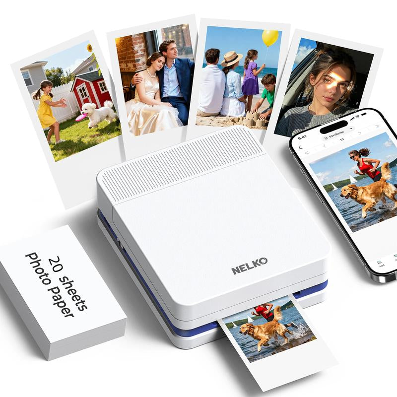 Nelko Pocket PP03 Instant Smartphone Inkjet Photo Printer with 100 Photo Papers, Portable Mini Color Wireless Mobile Printer, Bluetooth Compatible with Ios & Android Devices, Fun Editing App