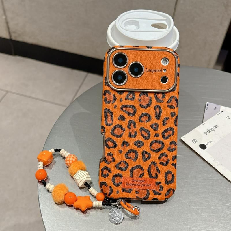 Orange Leopard Print & Orange Bottom White Polka Dot Case for IP 17Promax IP 16Promax/15/14 Shockproof Casing with Extra Large Window & Bracelet Protector Protective Smartphone Cover